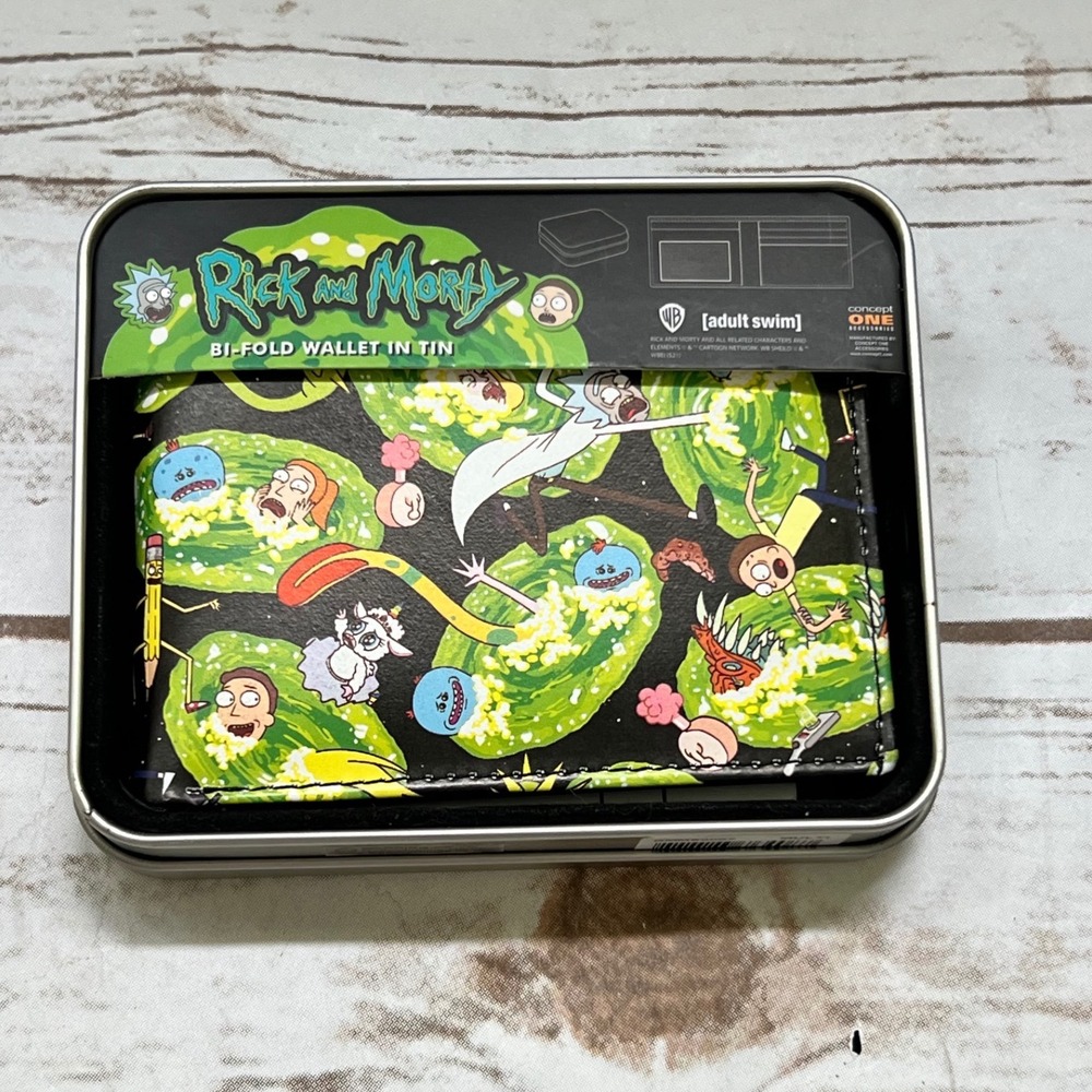 Rick and Morty NIB Bi-Fold Wallet Multicolor Portal Graphic Print with Tin OS